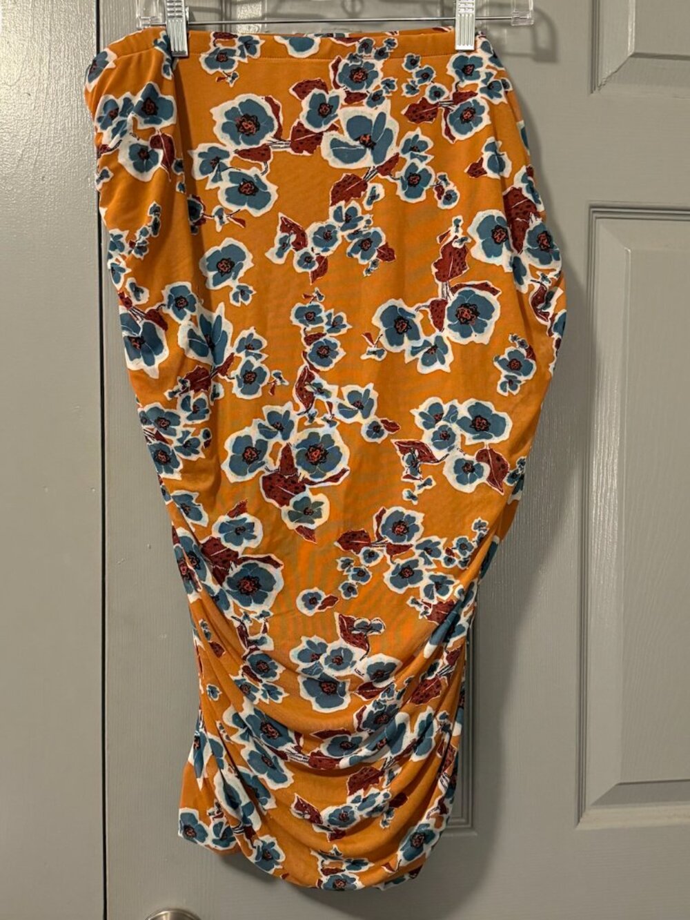 Ava & Viv Floral Ruched Midi Skirt Women's 1X Mustard Orange Blue Stretch Mesh